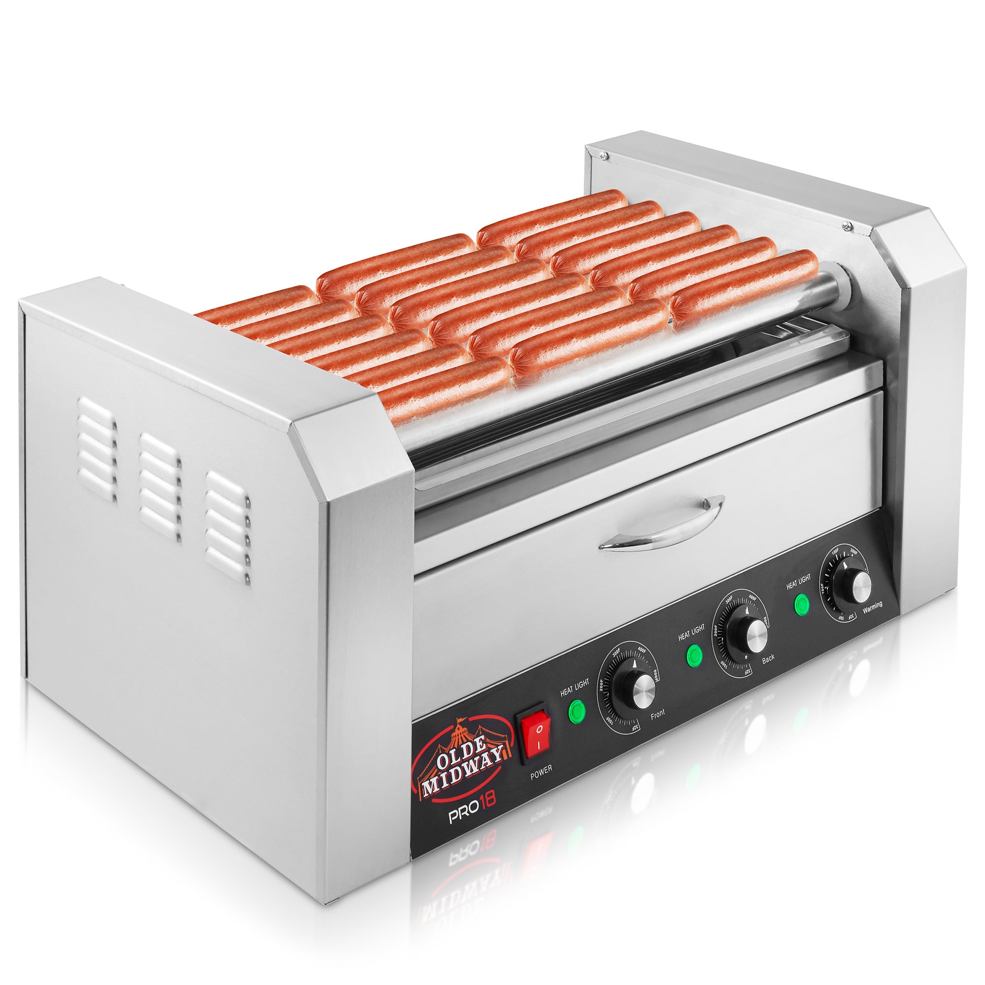 PRO18 Hot Dog Roller Machine with 7 Rollers with Bun Warming Drawer