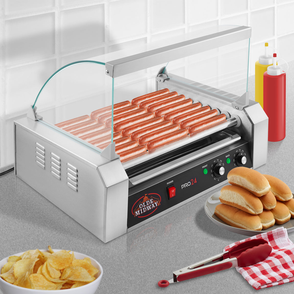 PRO24 Hot Dog Roller Machine with 9 Rollers & Cover - Olde Midway