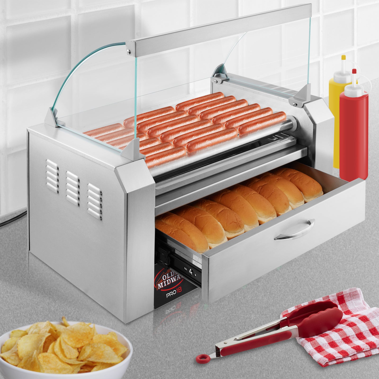 PRO18 Hot Dog Roller Machine with 7 Rollers, Bun Warmer & Cover - Olde